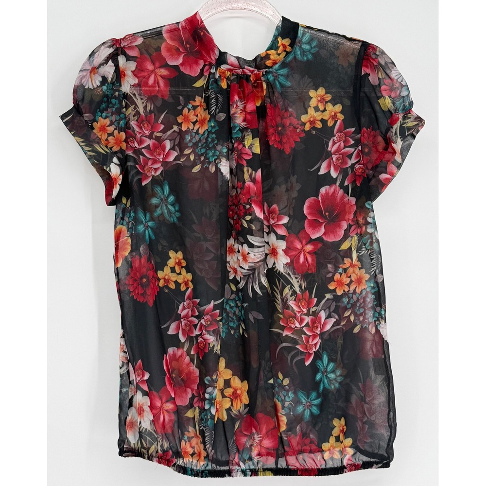 Sweet Pea New York & Company Floral Mesh Mock Neck Tie Back Blouse Black Sz M